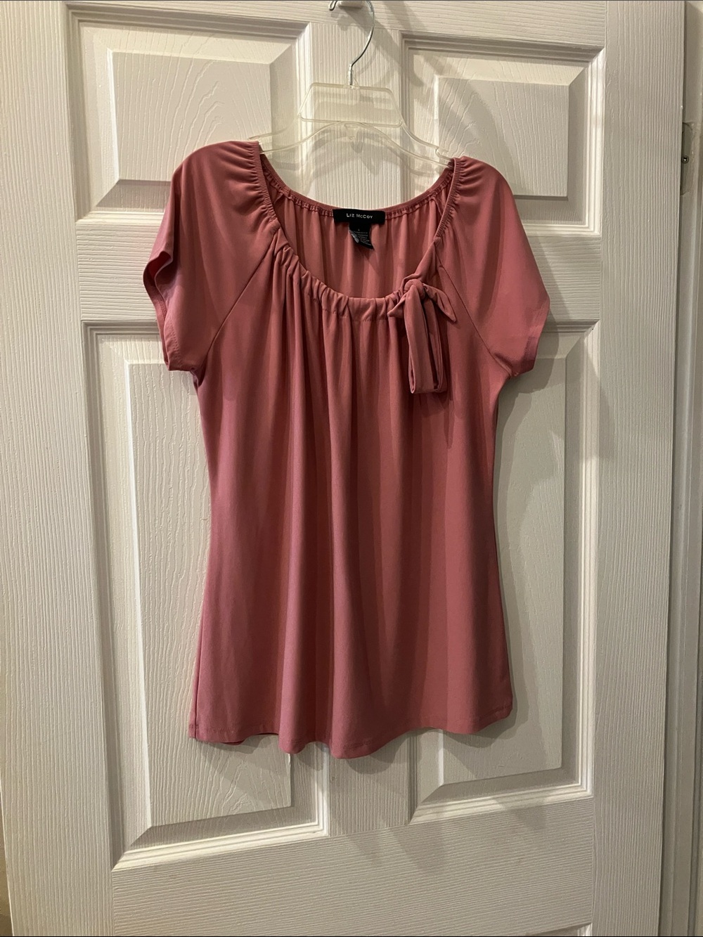 Women’s Dusty Rose Short Sleeve Tie-Neck Blouse